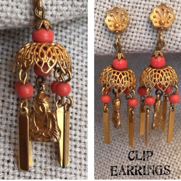 Vintage Jewelry - Vintage Buddha Clip Chandelier Earrings ART
